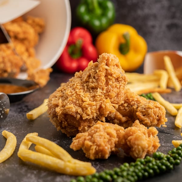 Crispy fried chicken pieces and fries on a dark surface, with bell peppers in the background.